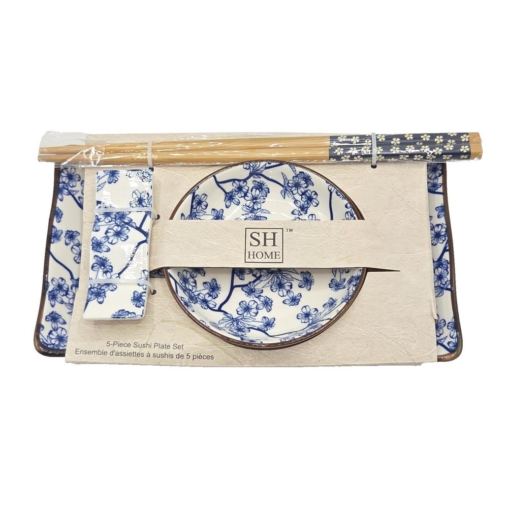 SH Home 5pc Cherry Blossom Sushi Plate Set 11"x6" Ceramic Blue And White